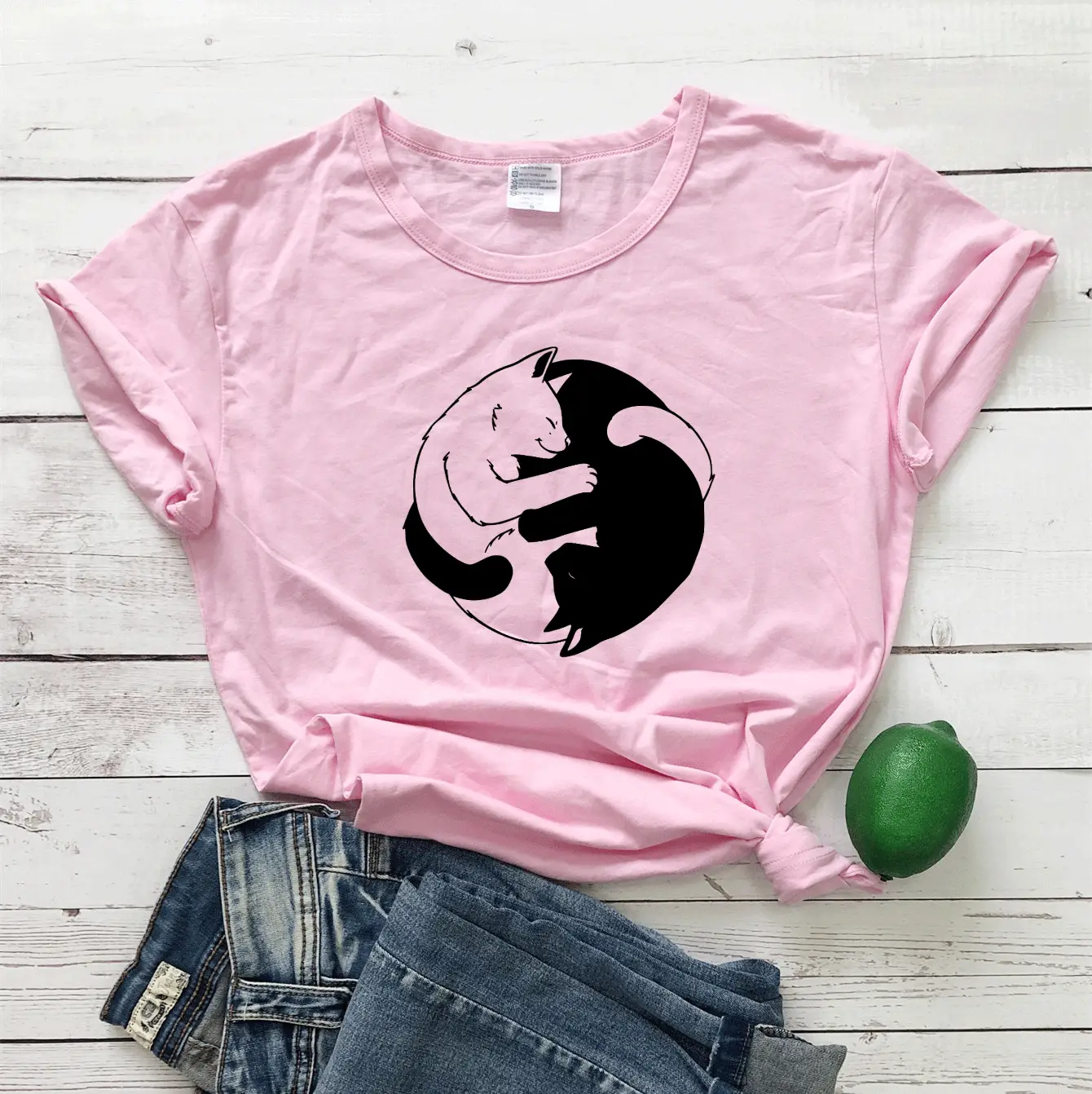 Pink Yin Yang Cat Print T-Shirt Short Sleeve - Image 6
