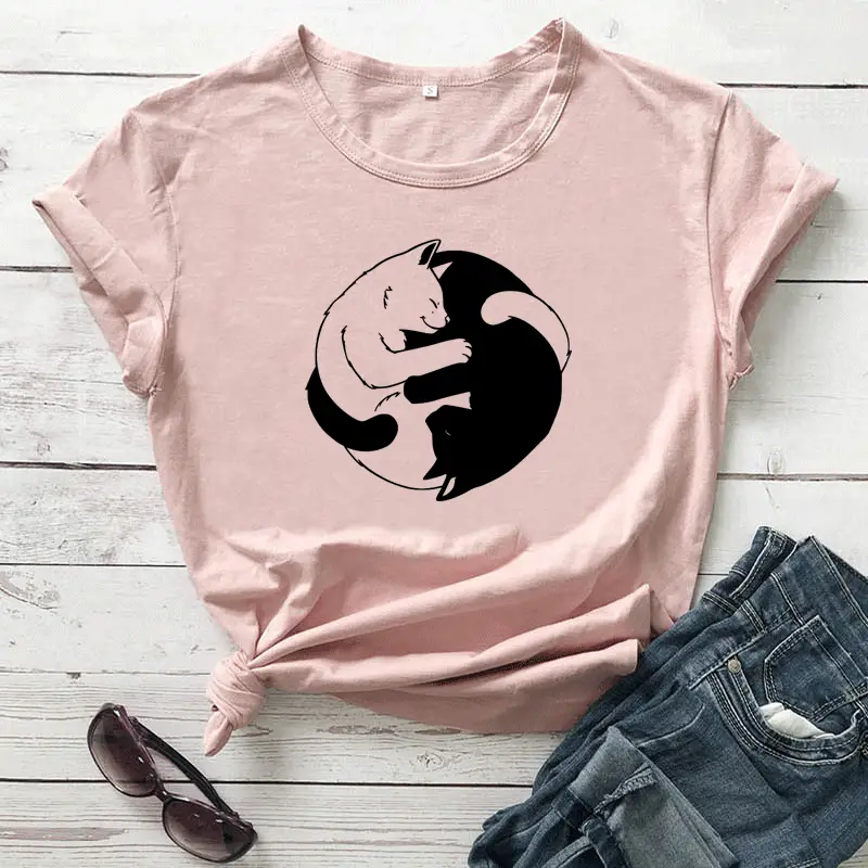 Pink Yin Yang Cat Print T-Shirt Short Sleeve - Image 7