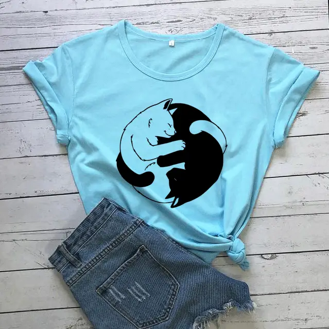 Pink Yin Yang Cat Print T-Shirt Short Sleeve - Image 8