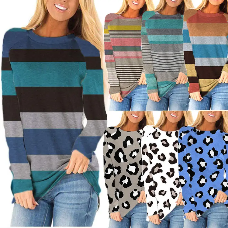 Women Beige Striped Long Sleeve T-Shirt with Leopard Print - Image 24