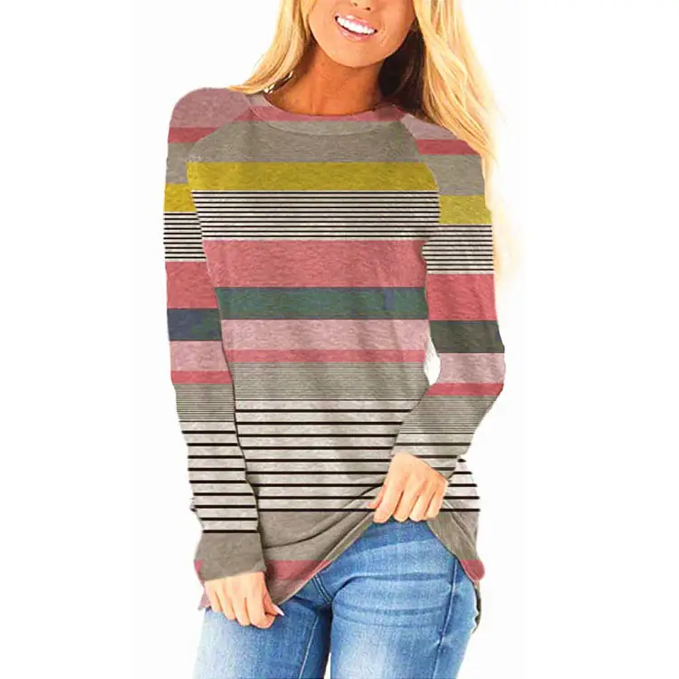 Women Beige Striped Long Sleeve T-Shirt with Leopard Print - Image 17