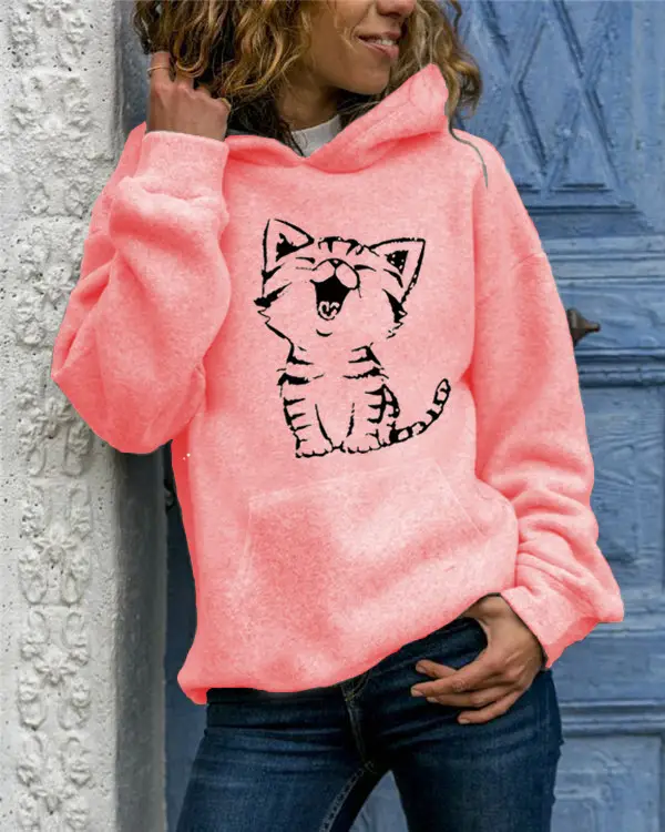 Green Hooded Pullover with Cat Print for Women - Image 12