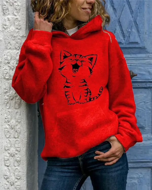 Green Hooded Pullover with Cat Print for Women - Image 5