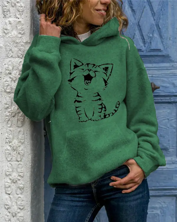 Green Hooded Pullover with Cat Print for Women - Image 7