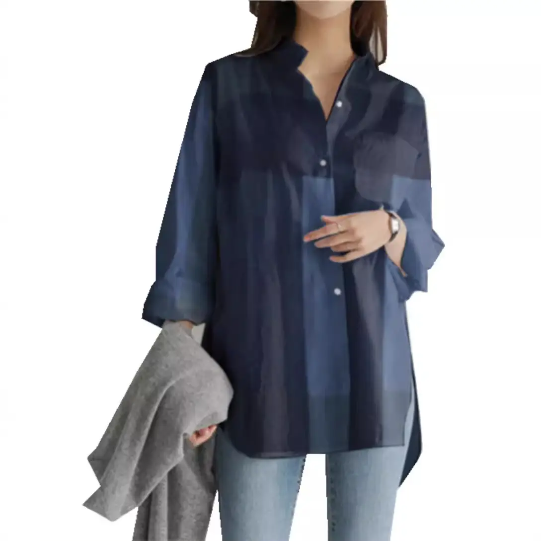 Women's Blue Patchwork Long Sleeve Shirt Autumn Winter Loose Casual - Image 7