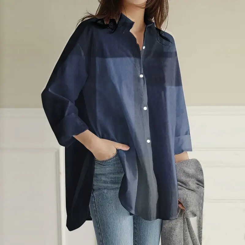 Women's Blue Patchwork Long Sleeve Shirt Autumn Winter Loose Casual - Image 3
