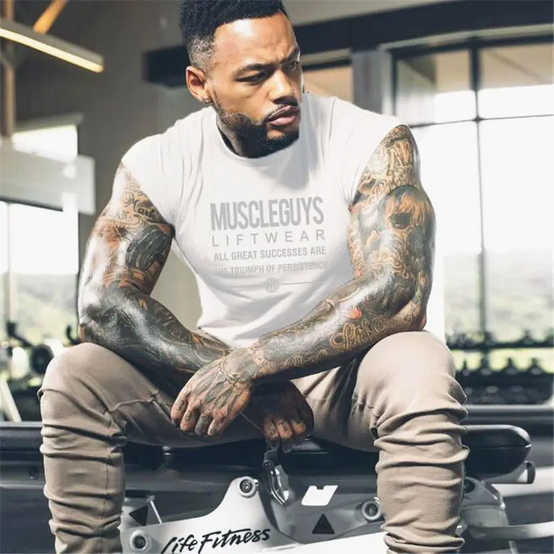 Men Slim Fit Cotton Gym T-Shirt White Muscle Print
