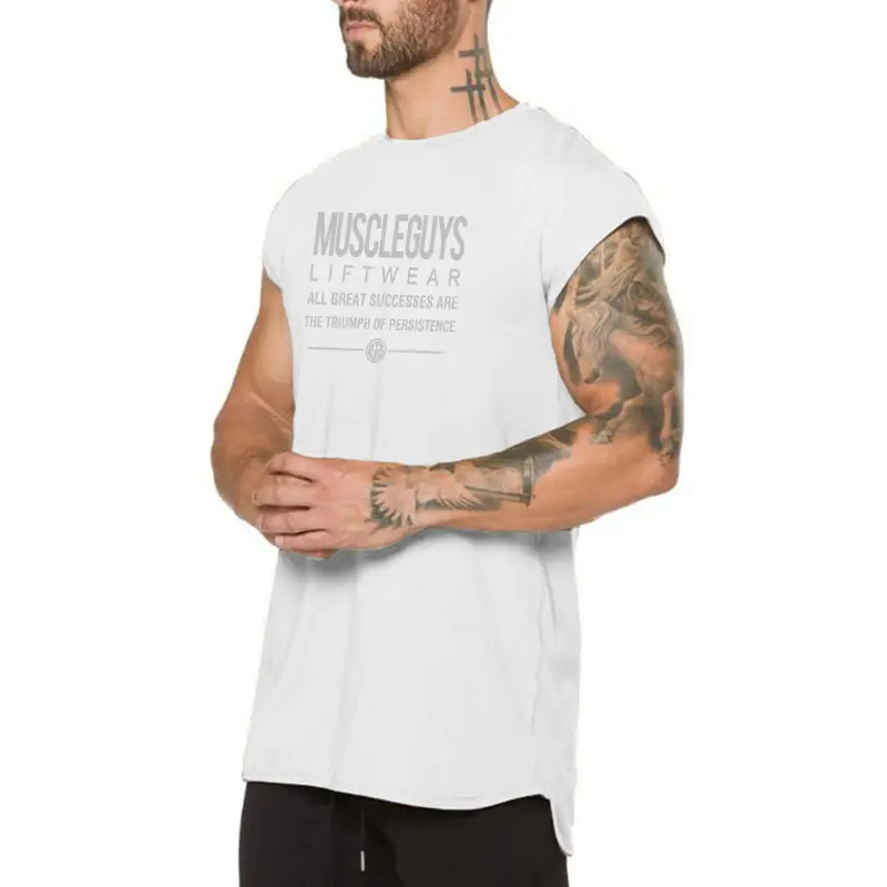 Men Slim Fit Cotton Gym T-Shirt White Muscle Print