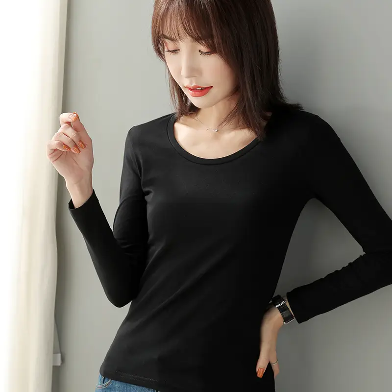Women's Red Long Sleeve Cotton T-Shirt Round Neck - Image 14
