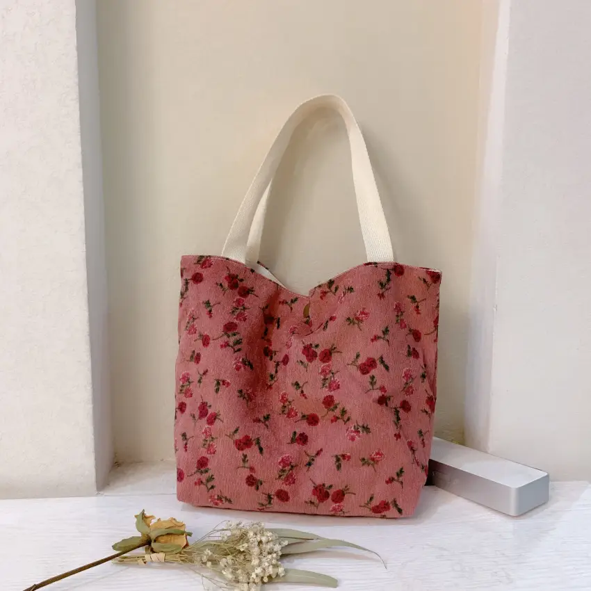 Women's Floral Corduroy Handbag Pink - Image 4