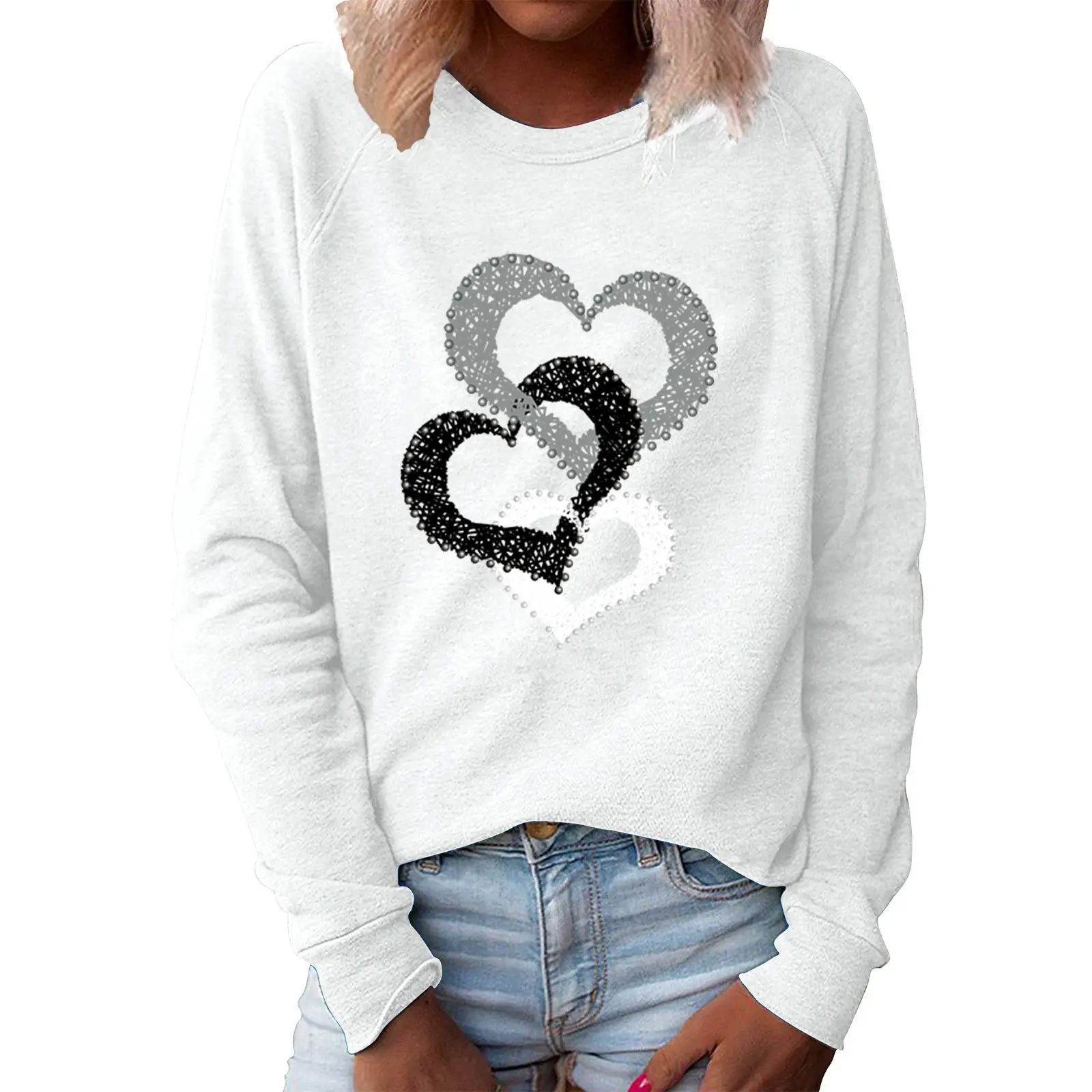 Women's Valentine's Heart Print Sweatshirt White Long Sleeve - Image 11