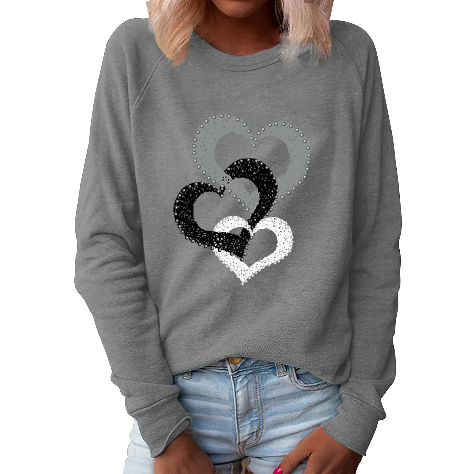 Women's Valentine's Heart Print Sweatshirt White Long Sleeve - Image 2
