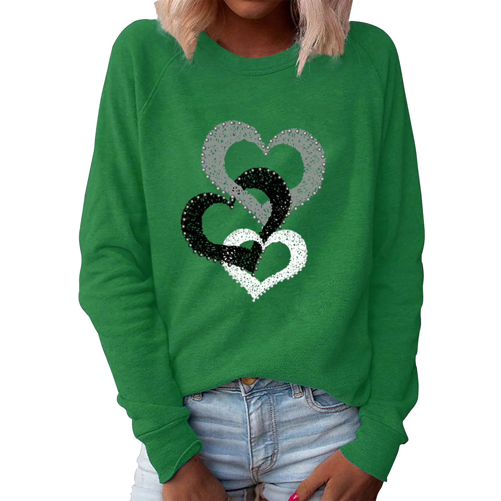 Women's Valentine's Heart Print Sweatshirt White Long Sleeve - Image 3