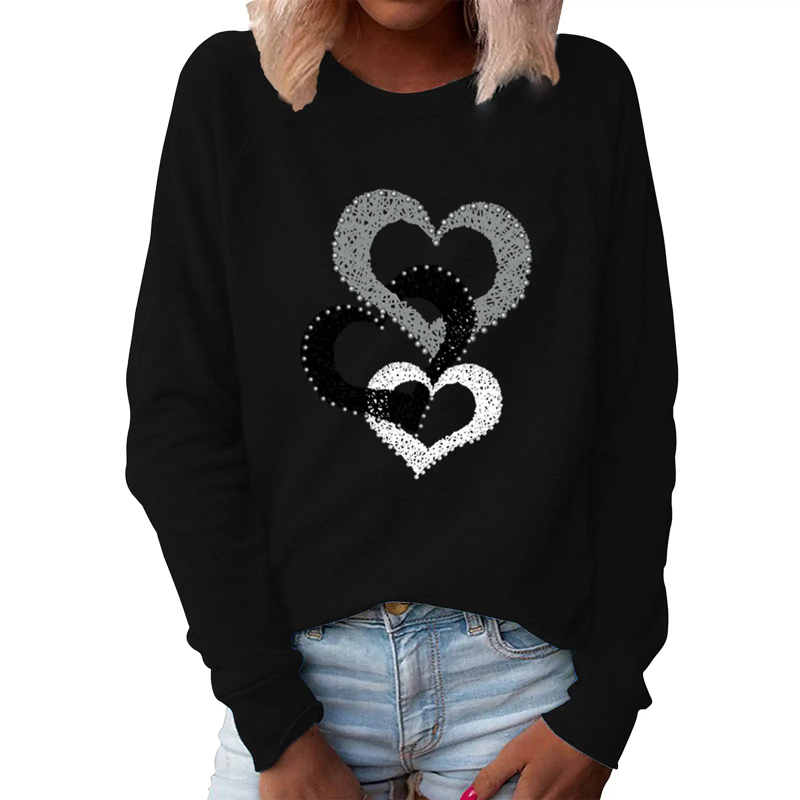 Women's Valentine's Heart Print Sweatshirt White Long Sleeve - Image 4