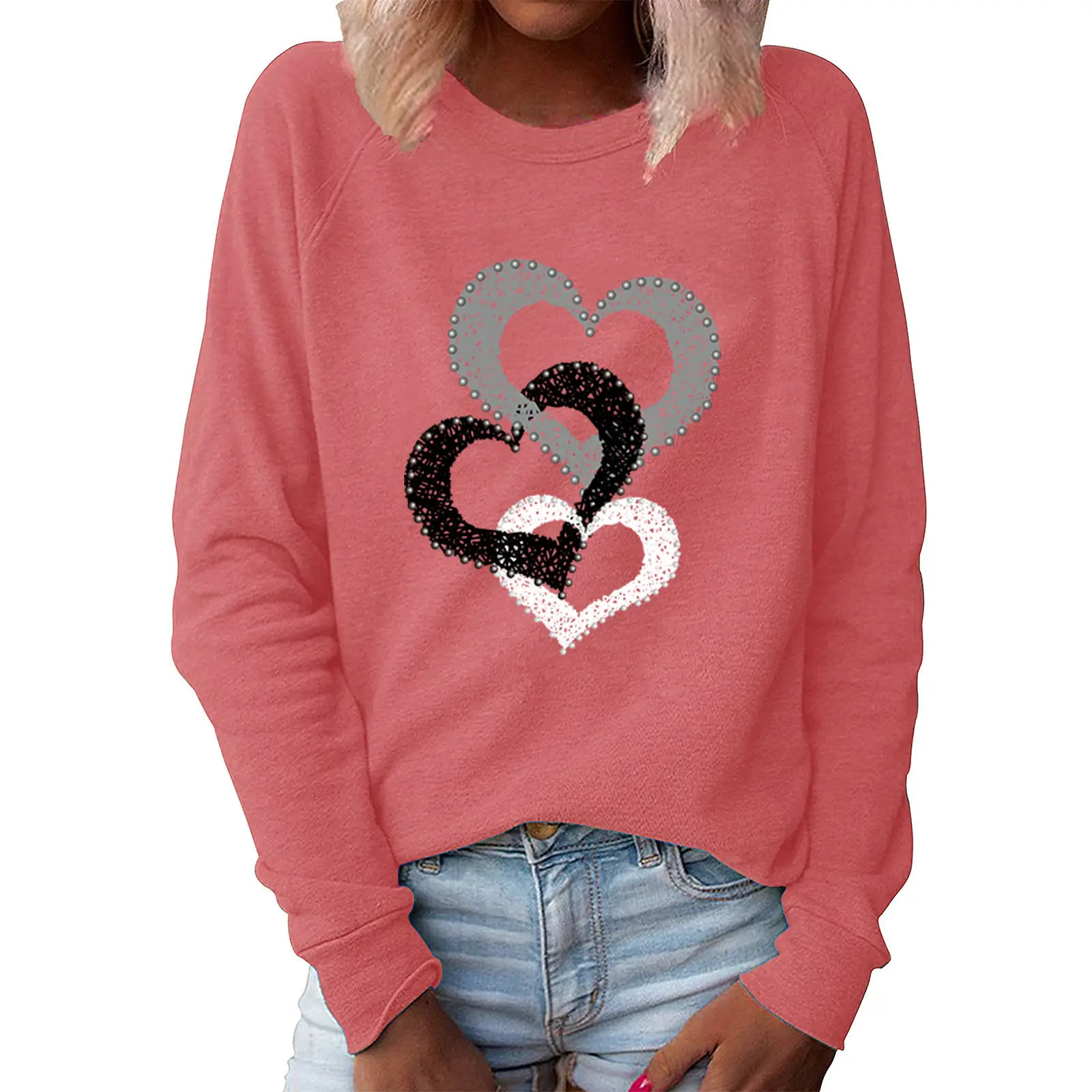 Women's Valentine's Heart Print Sweatshirt White Long Sleeve - Image 5