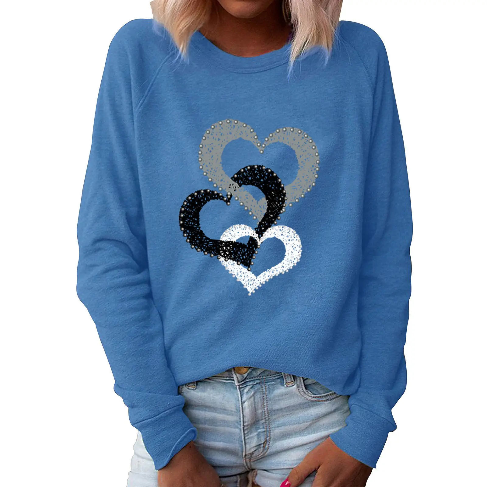 Women's Valentine's Heart Print Sweatshirt White Long Sleeve - Image 6