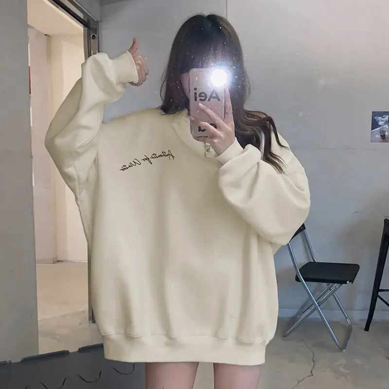 Women Fleece Hooded Sweatshirt Orange Loose Winter Warm — feature 3