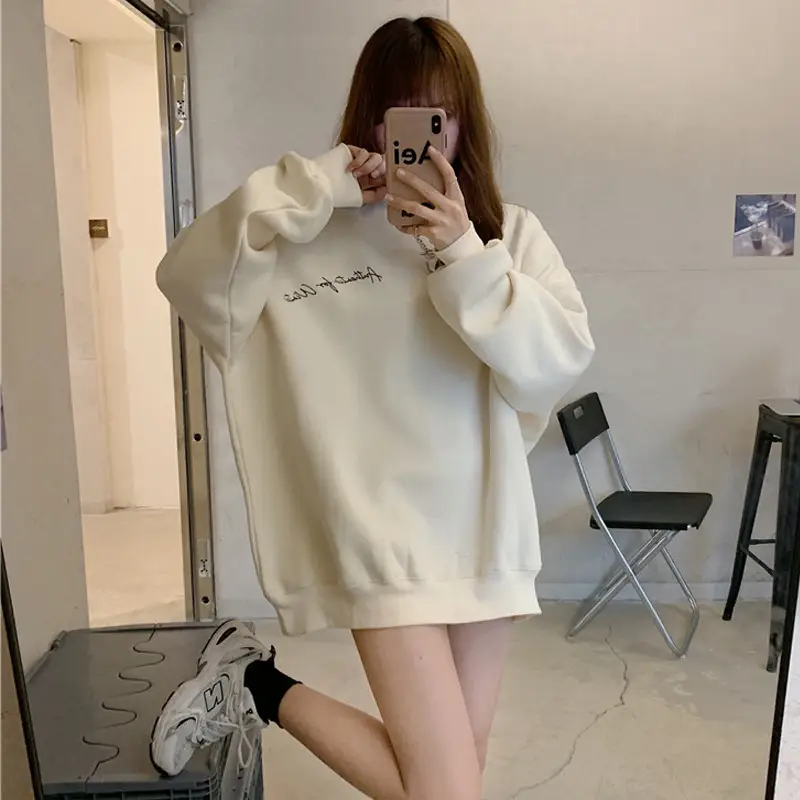 Women Fleece Hooded Sweatshirt Orange Loose Winter Warm — feature 4