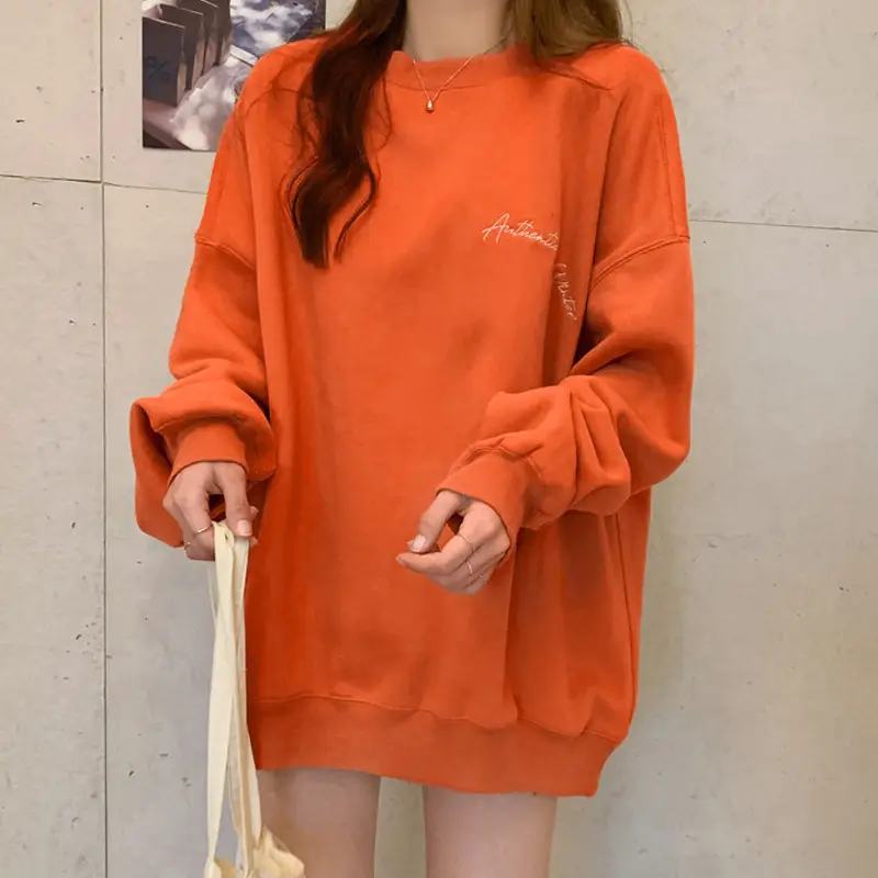 Women Fleece Hooded Sweatshirt Orange Loose Winter Warm — feature 7