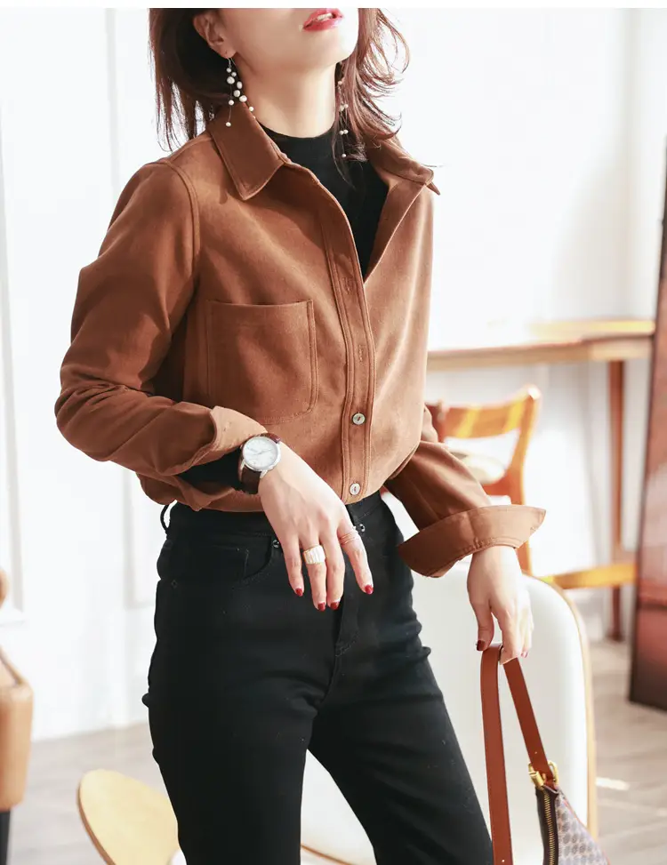 Women Brushed Slimming Long Sleeve Shirt Cream Winter Layering — feature 11