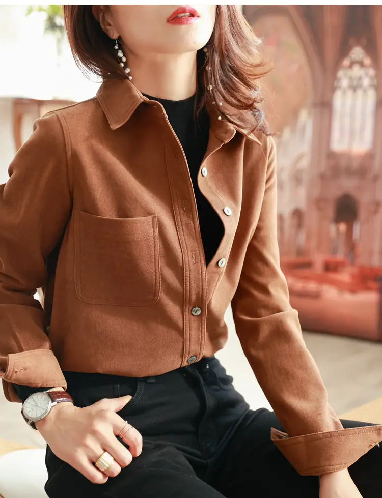 Women Brushed Slimming Long Sleeve Shirt Cream Winter Layering — feature 13