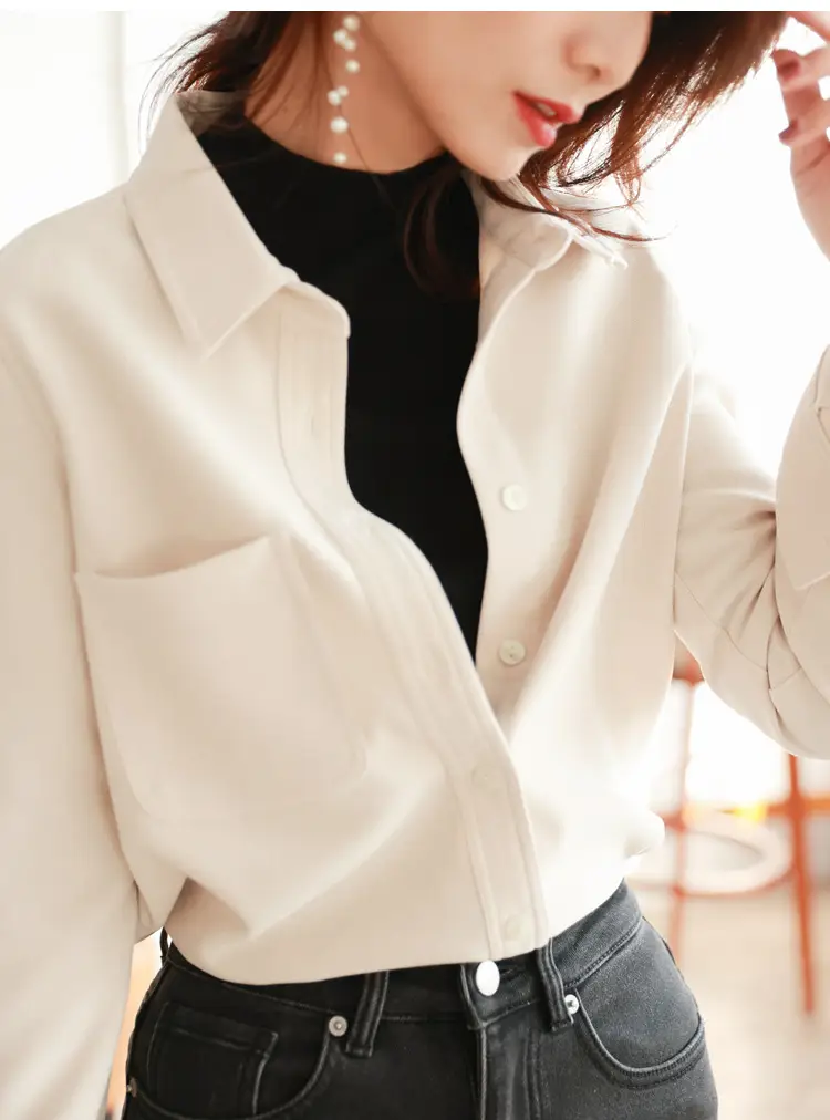 Women Brushed Slimming Long Sleeve Shirt Cream Winter Layering — feature 23