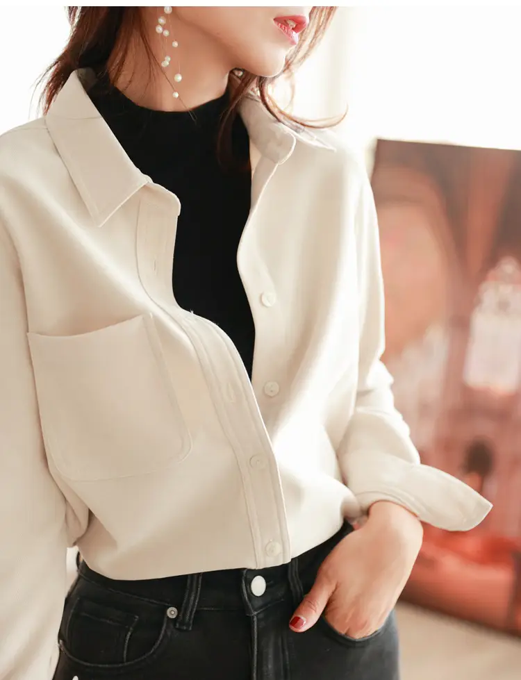 Women Brushed Slimming Long Sleeve Shirt Cream Winter Layering — feature 24