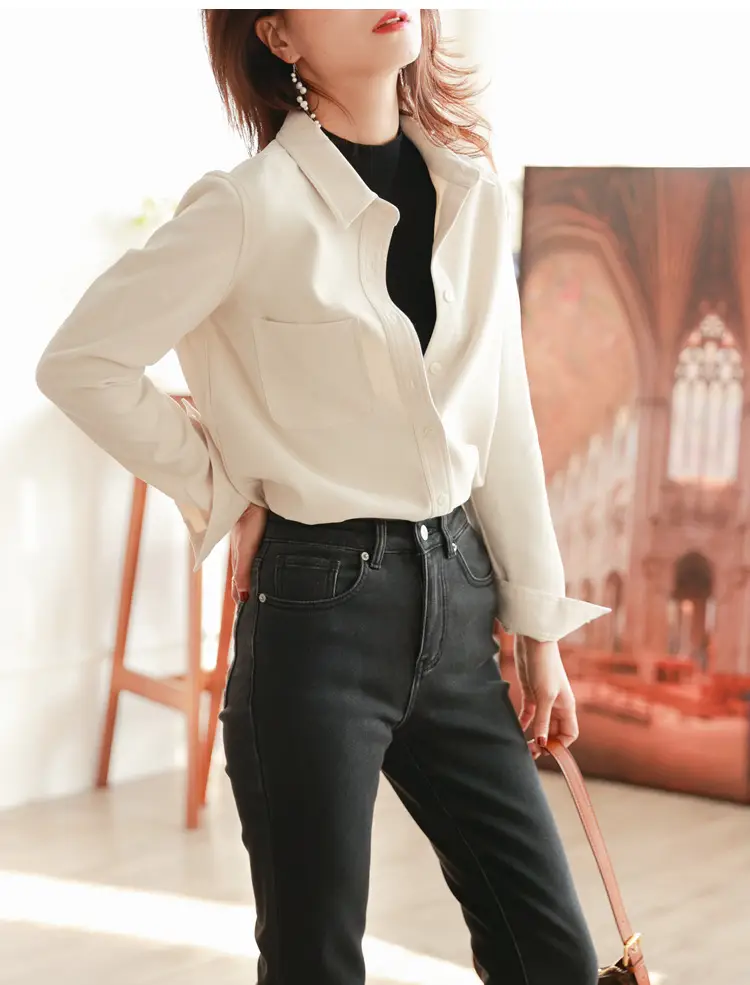 Women Brushed Slimming Long Sleeve Shirt Cream Winter Layering — feature 25