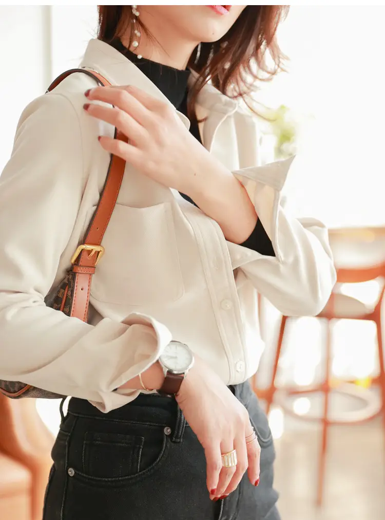 Women Brushed Slimming Long Sleeve Shirt Cream Winter Layering — feature 27