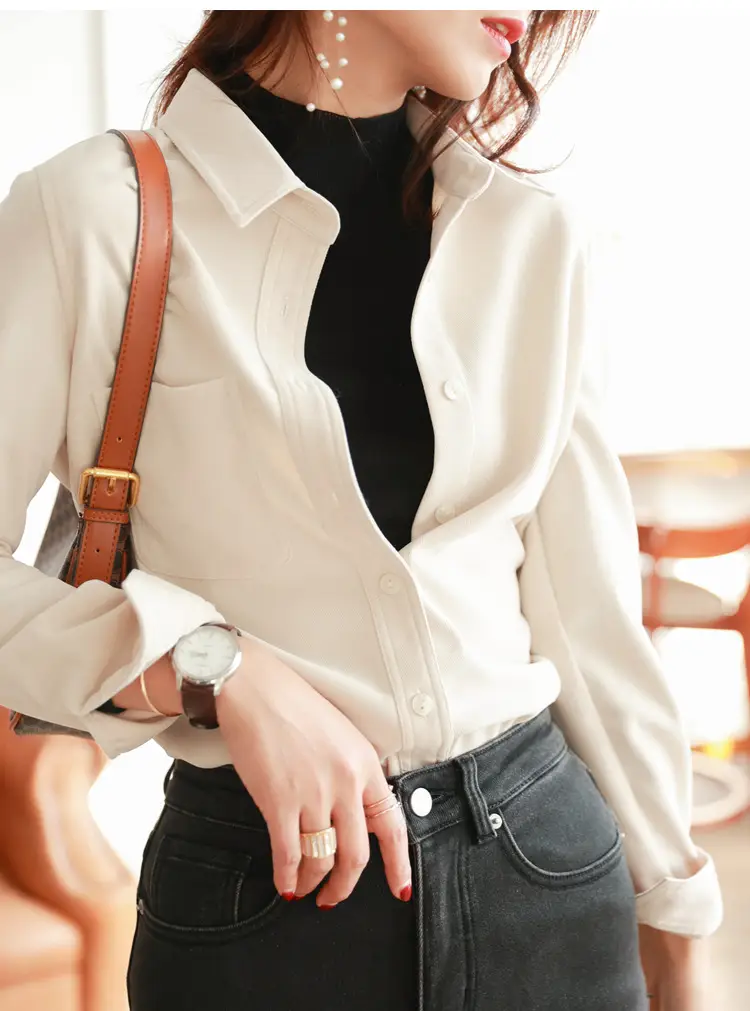 Women Brushed Slimming Long Sleeve Shirt Cream Winter Layering — feature 28