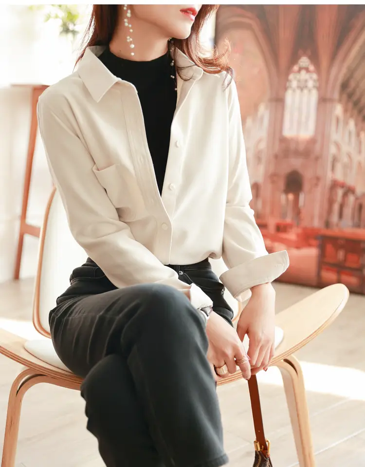 Women Brushed Slimming Long Sleeve Shirt Cream Winter Layering — feature 29