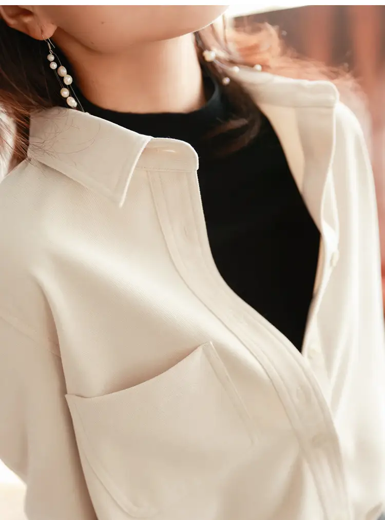 Women Brushed Slimming Long Sleeve Shirt Cream Winter Layering — feature 30