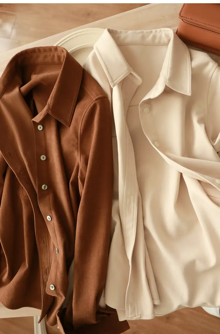 Women Brushed Slimming Long Sleeve Shirt Cream Winter Layering — feature 31