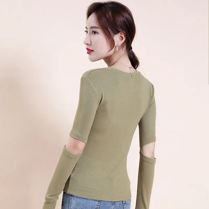 Olive Green Long Sleeve Slim Fit T-Shirt for Women - Image 7