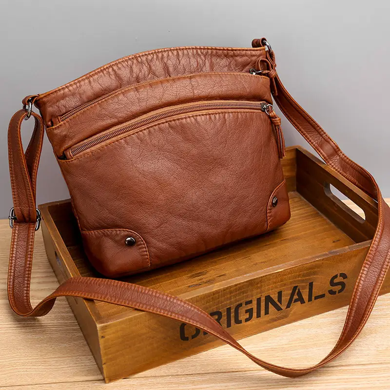 Black Leather Shoulder Bag for Women Retro Multi Compartment - Image 4