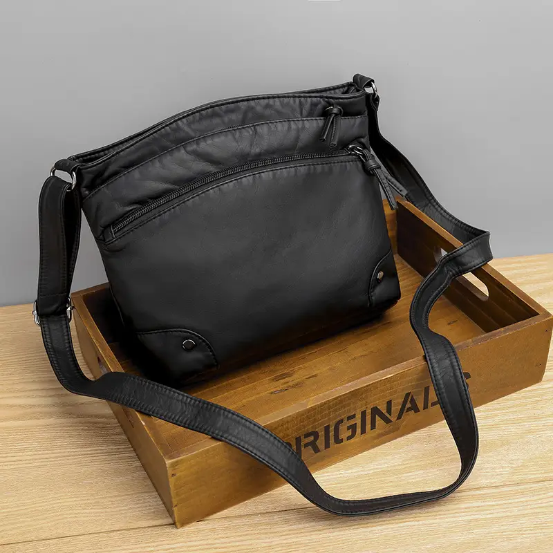 Black Leather Shoulder Bag for Women Retro Multi Compartment - Image 5