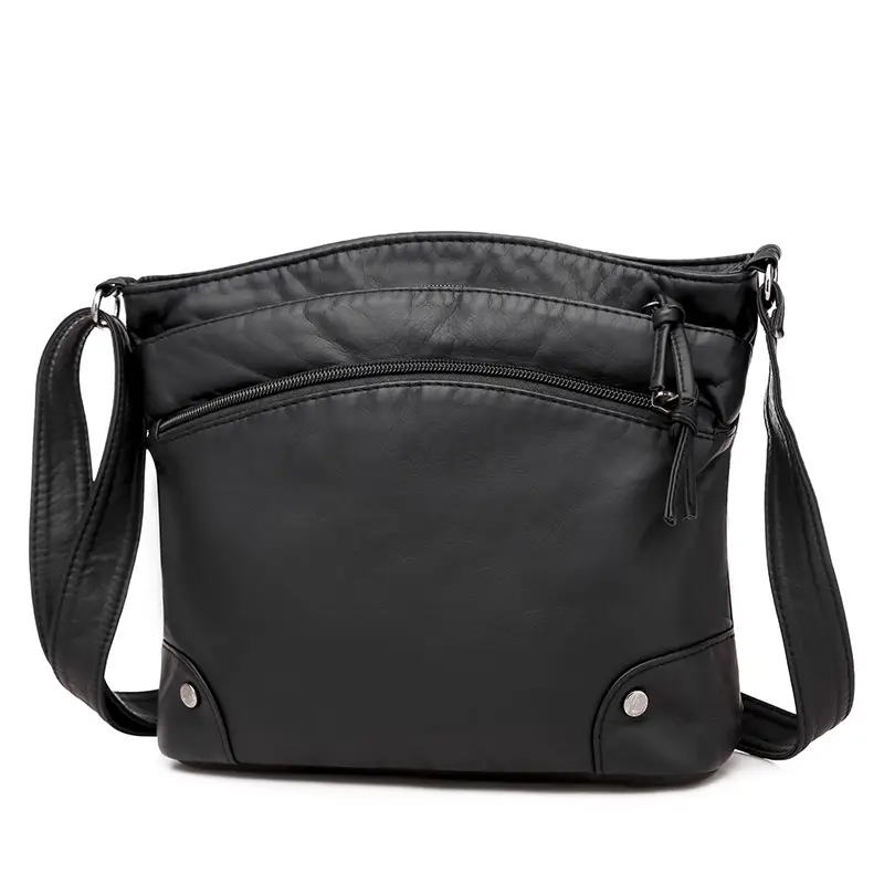 Black Leather Shoulder Bag for Women Retro Multi Compartment - Image 2