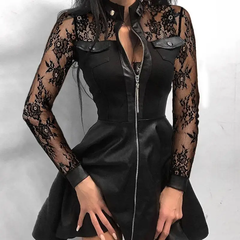 Black PU Leather Lace Dress with Zip Front - Image 7