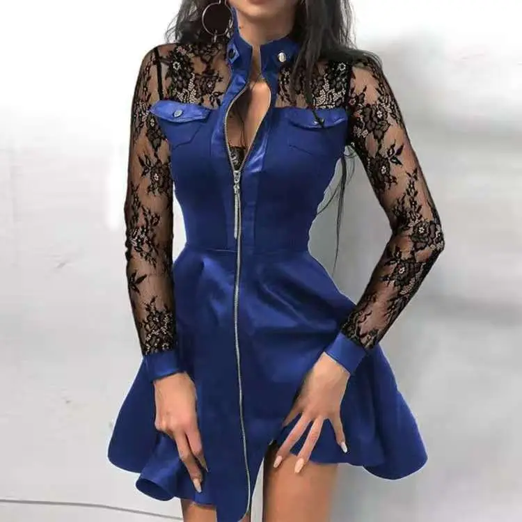 Black PU Leather Lace Dress with Zip Front - Image 8