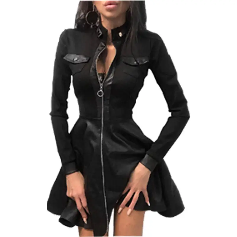 Black PU Leather Lace Dress with Zip Front - Image 3