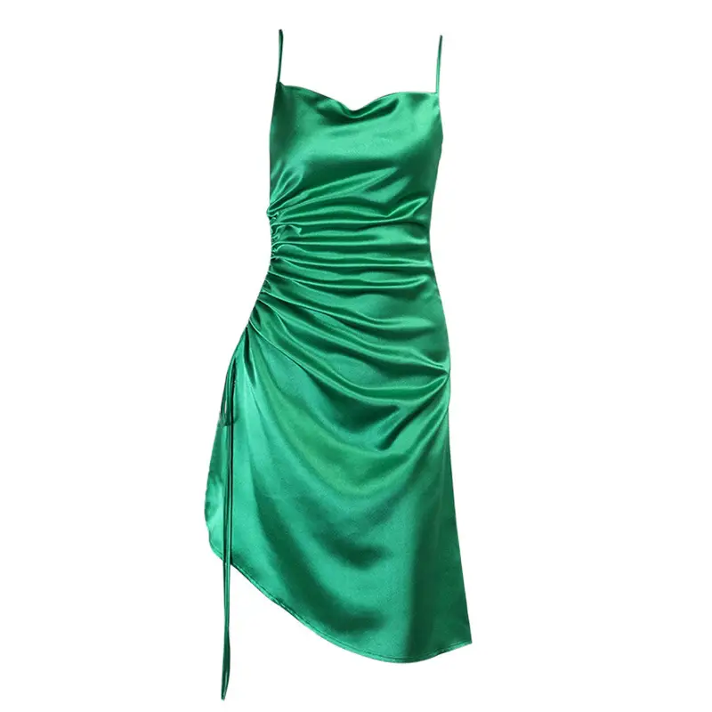 Satin Side Vent Sling Dress White Green New Style