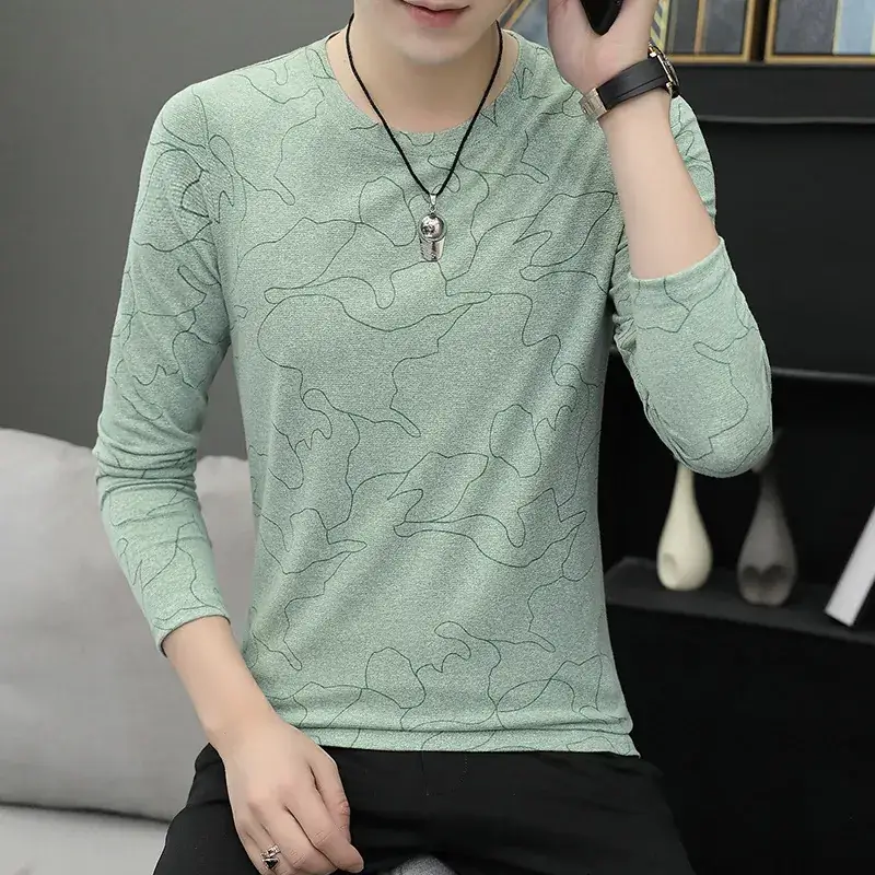 Men's Loose Long Sleeve Polo T-Shirt Beige Brown Print - Image 6