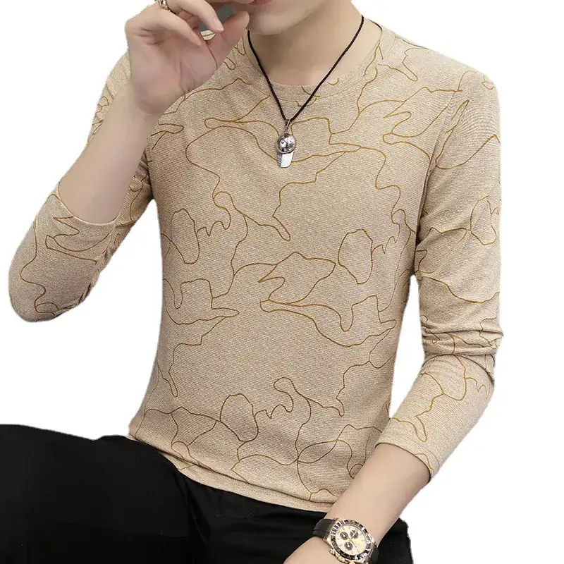 Men's Loose Long Sleeve Polo T-Shirt Beige Brown Print - Image 9