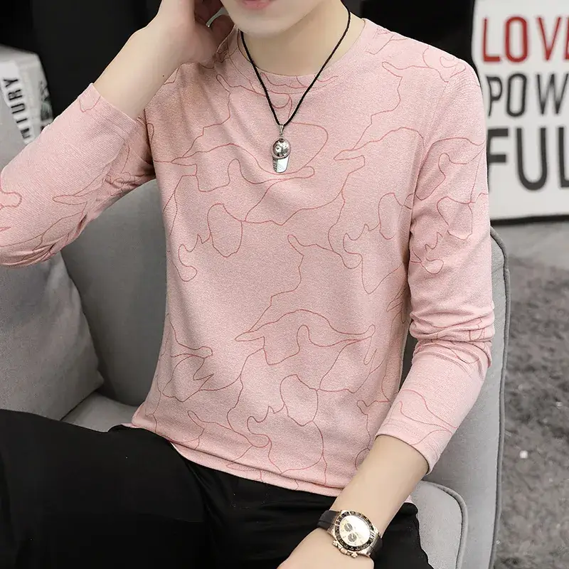 Men's Loose Long Sleeve Polo T-Shirt Beige Brown Print - Image 2