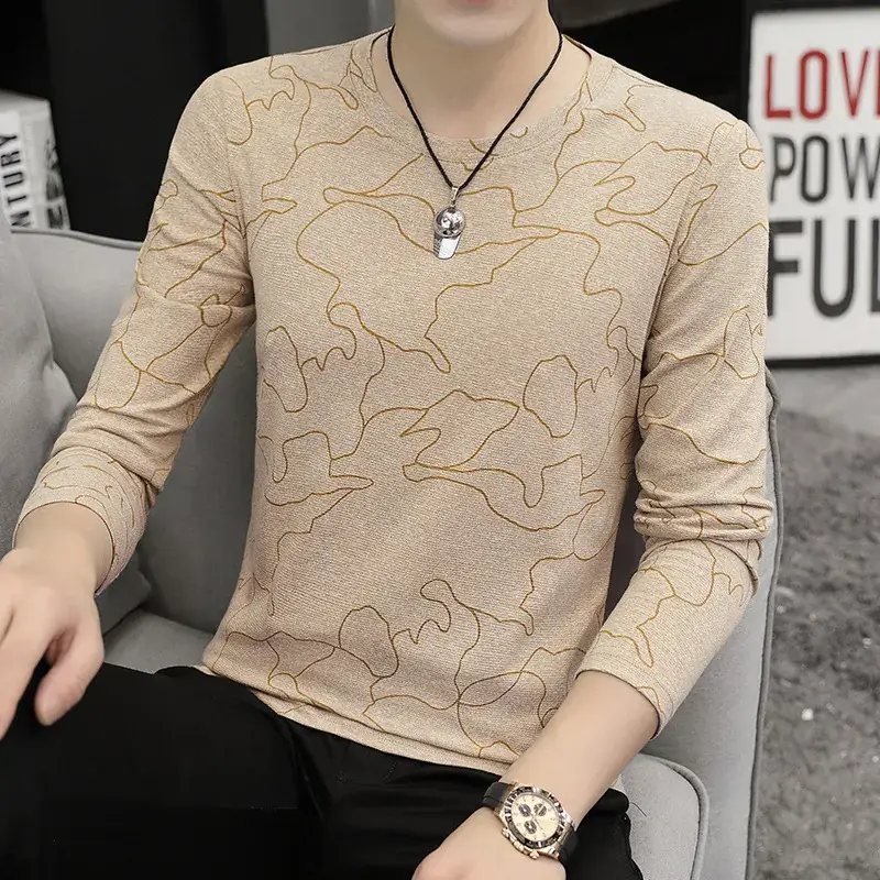 Men's Loose Long Sleeve Polo T-Shirt Beige Brown Print - Image 3