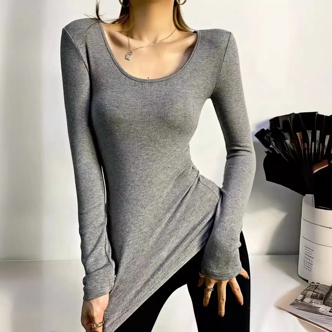 Women Grey Elastic Slim Long Sleeve T-Shirt - Image 19