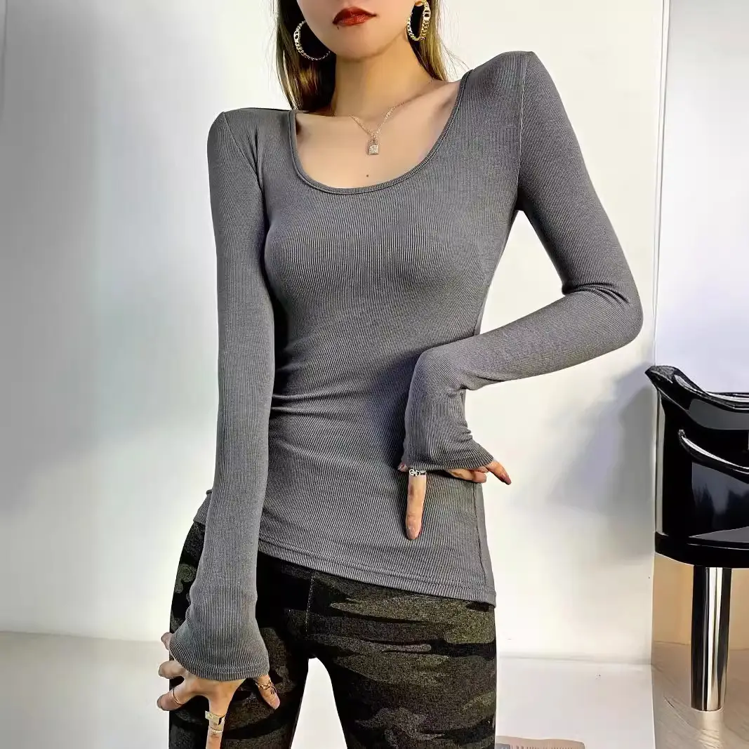 Women Grey Elastic Slim Long Sleeve T-Shirt - Image 20