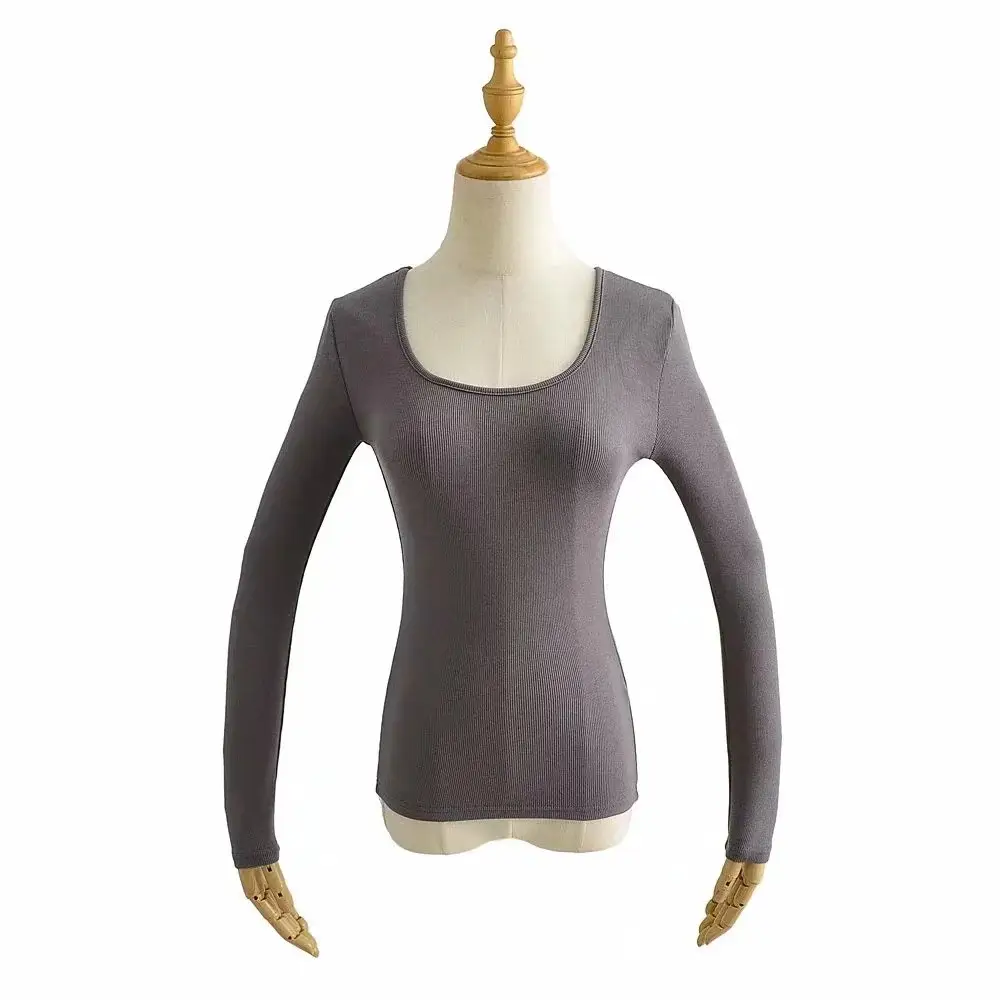 Women Grey Elastic Slim Long Sleeve T-Shirt - Image 21