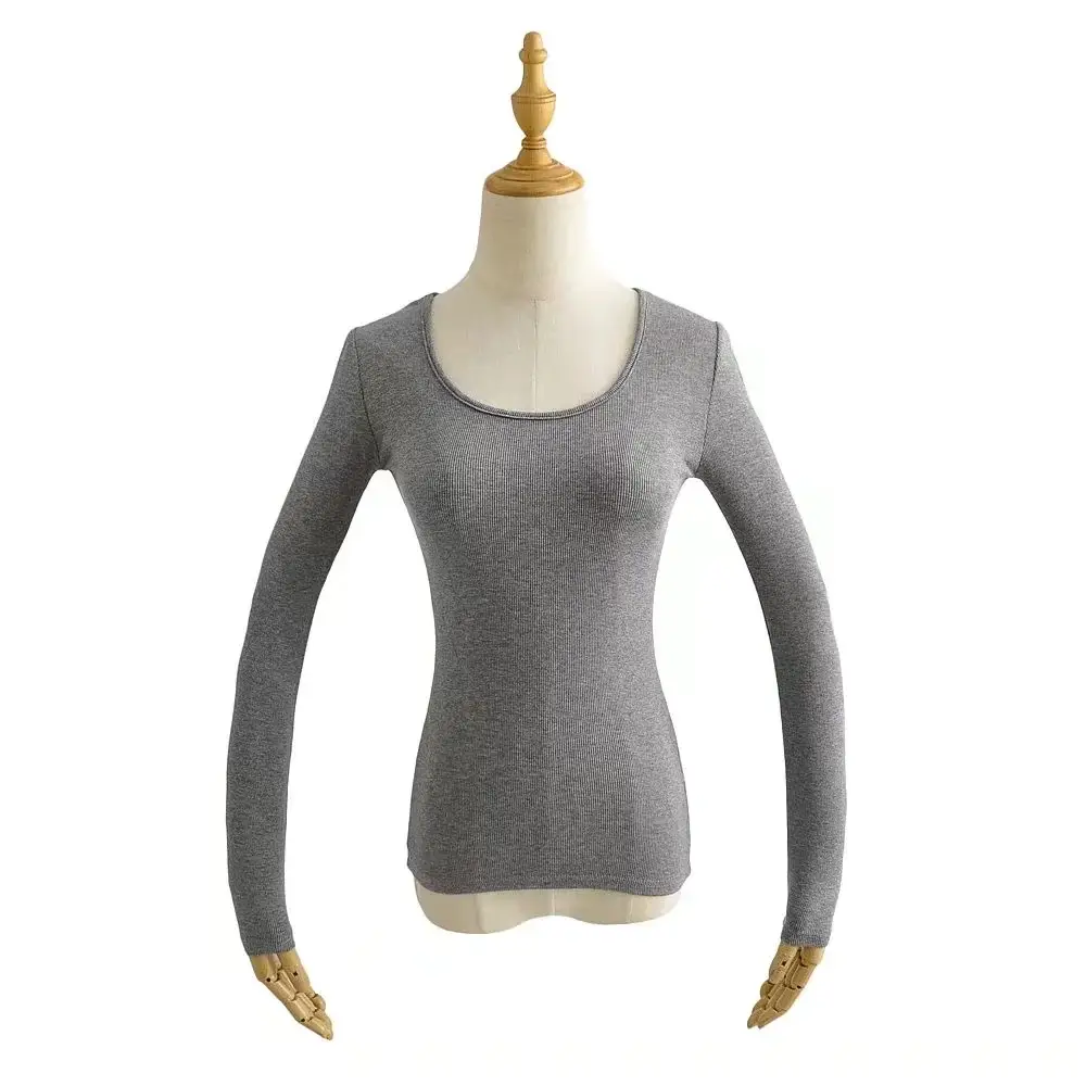 Women Grey Elastic Slim Long Sleeve T-Shirt — feature 16