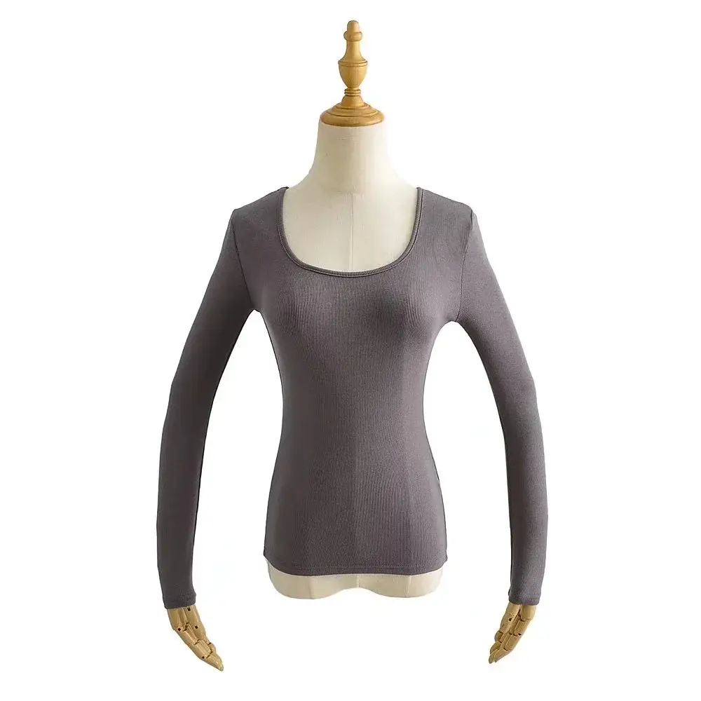 Women Grey Elastic Slim Long Sleeve T-Shirt — feature 17